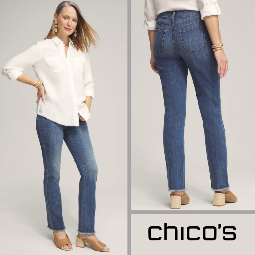 NEW Chico’s So Slimming Girlfriend Slim Leg Fray Hem Womens Blue Jeans Size US 2